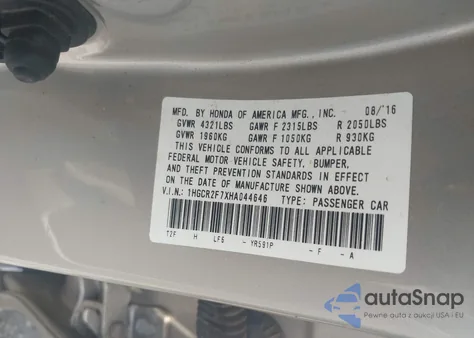 2017 Honda Accord Ex z USA, uszkodzony, nr VIN 1HGCR2F7XHA044646